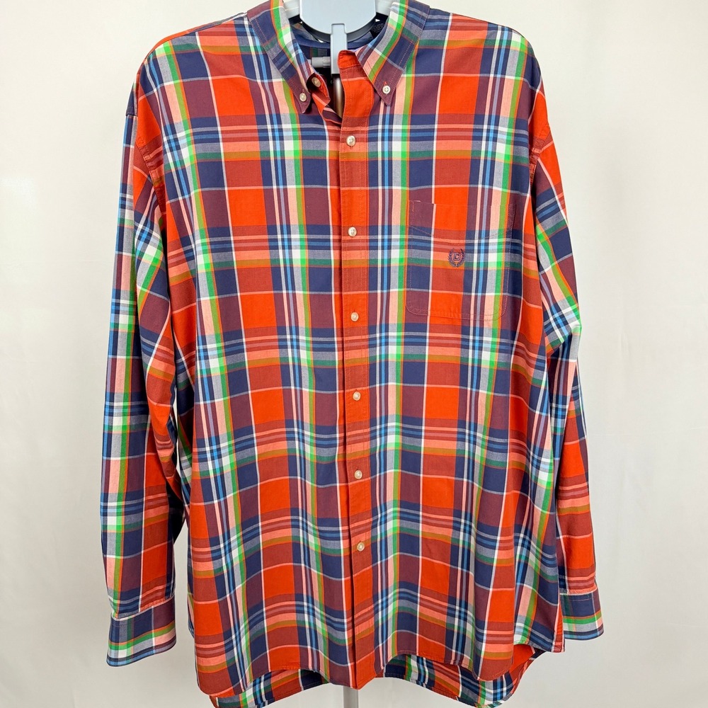 CHAPS Mens 3XLT Orange Plaid Button Down Shirt Big Tall Long Sleeve Cotton